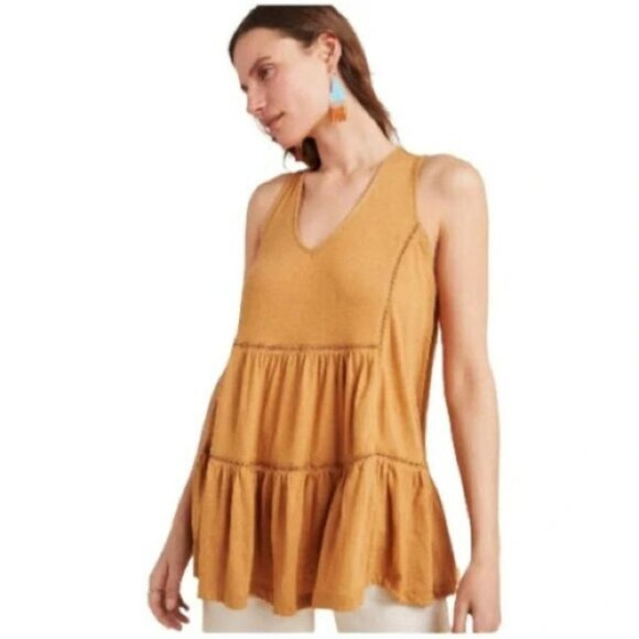 Anthropologie Malaga tiered tunic tank top in Ochre tan/mustard Medium - Picture 16 of 16